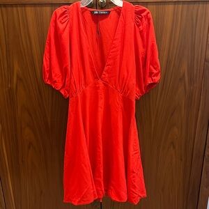 Zara Red low Cut Puff Sleeve Dress